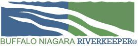 logo text: Buffalo Niagara Riverkeeper (R); image: blue and green rectangles side-by-side with three white wavy lines across